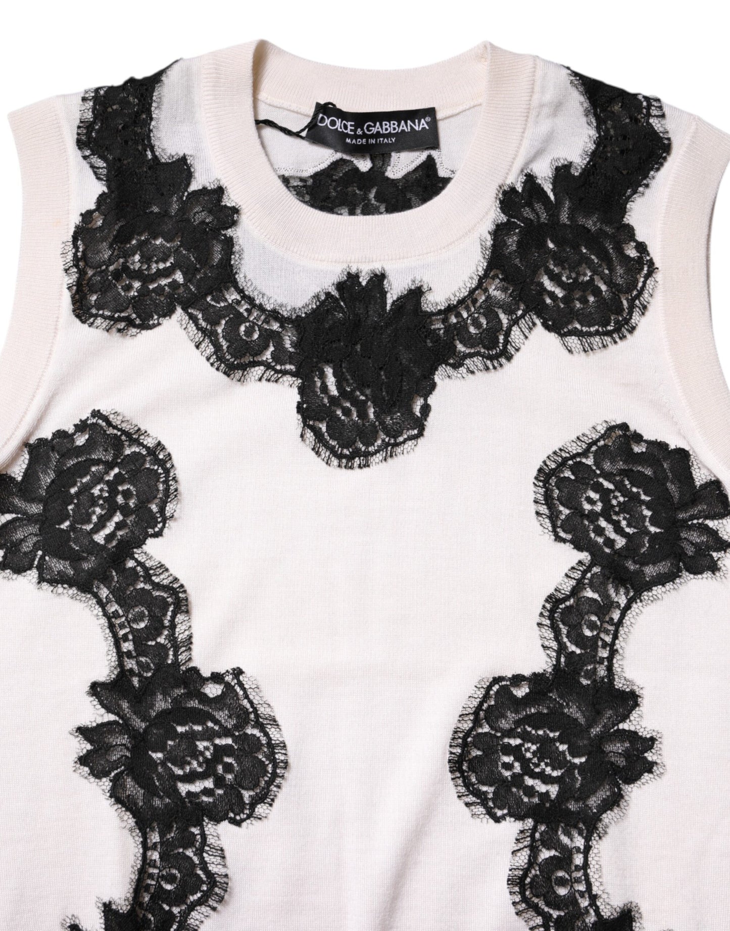 Dolce & Gabbana White Cashmere Floral Lace Detailing Tank Top Dolce & Gabbana