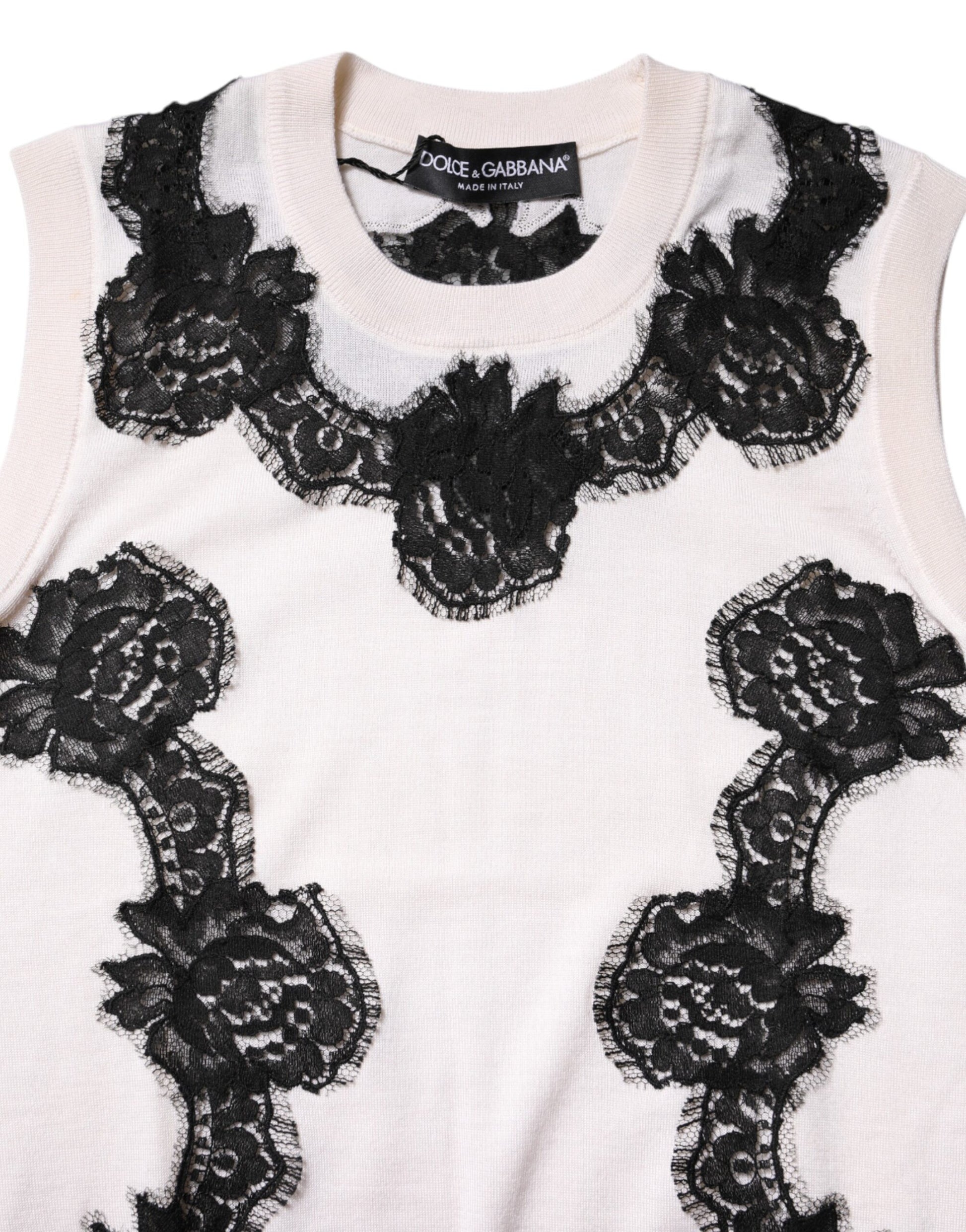 Dolce & Gabbana White Cashmere Floral Lace Detailing Tank Top Dolce & Gabbana