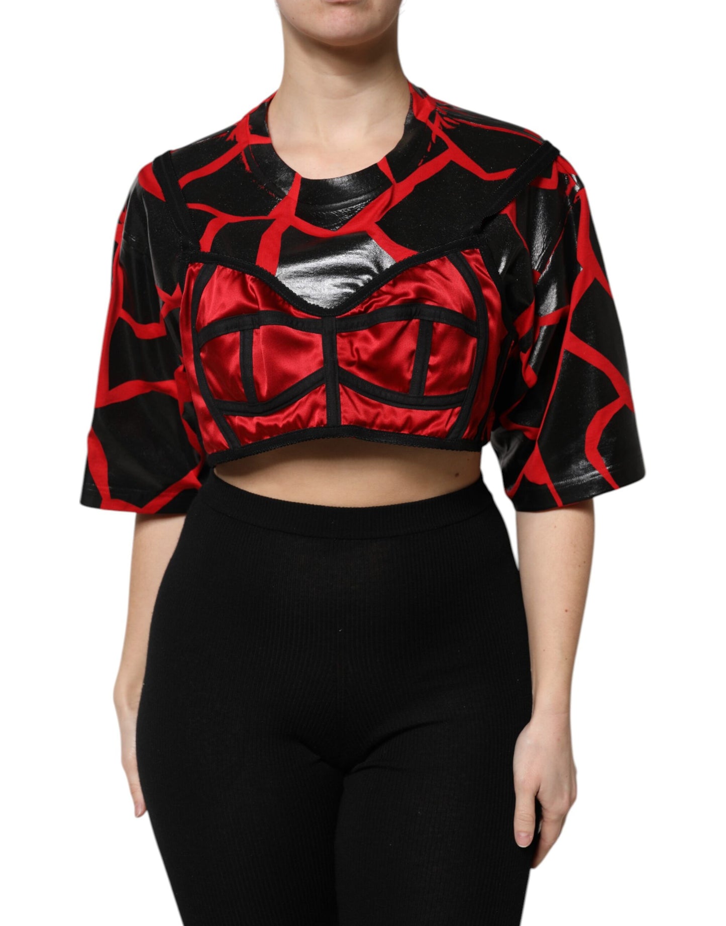 Dolce & Gabbana Red Black Cotton Bustier Detailing Cropped Top Dolce & Gabbana