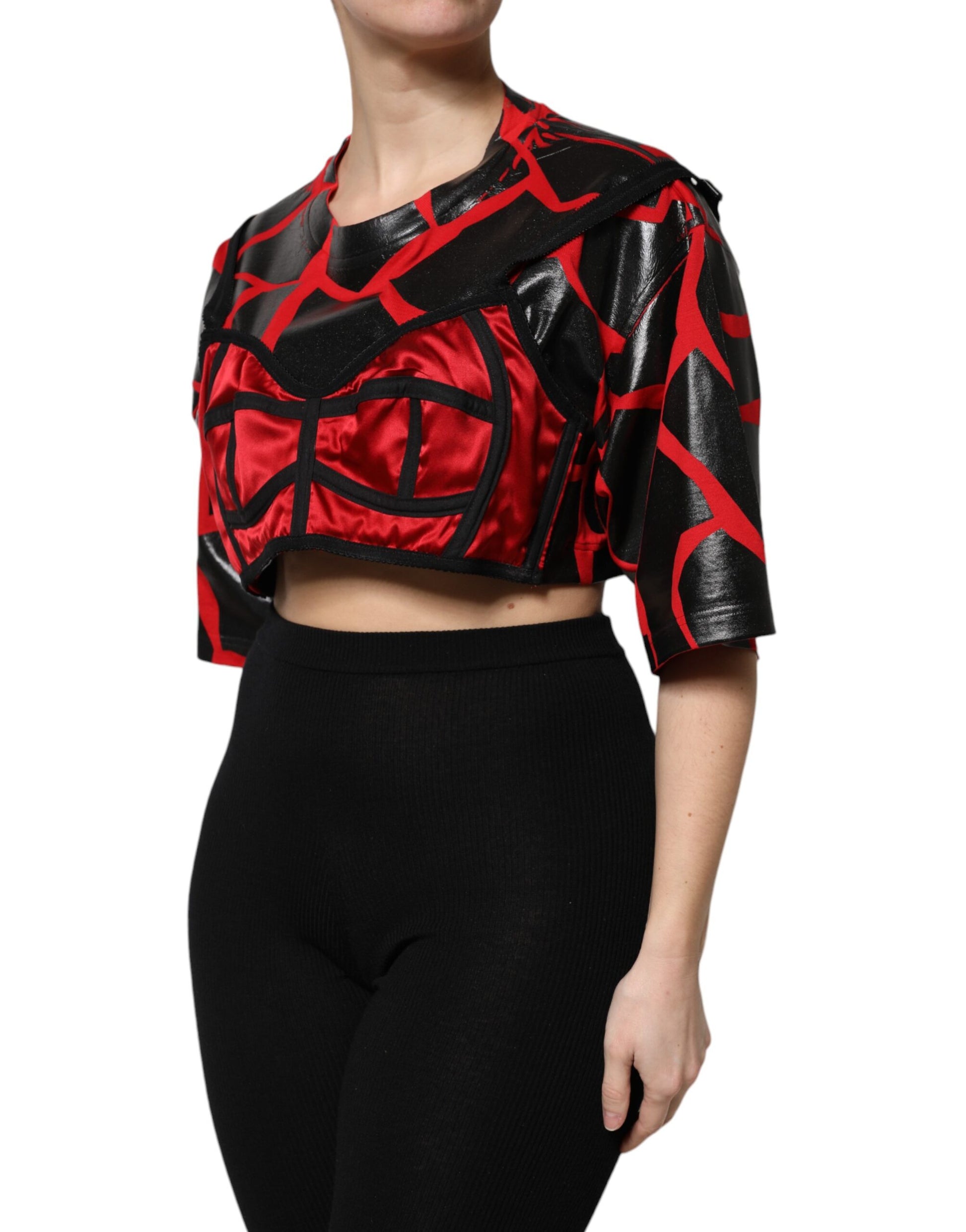 Dolce & Gabbana Red Black Cotton Bustier Detailing Cropped Top Dolce & Gabbana