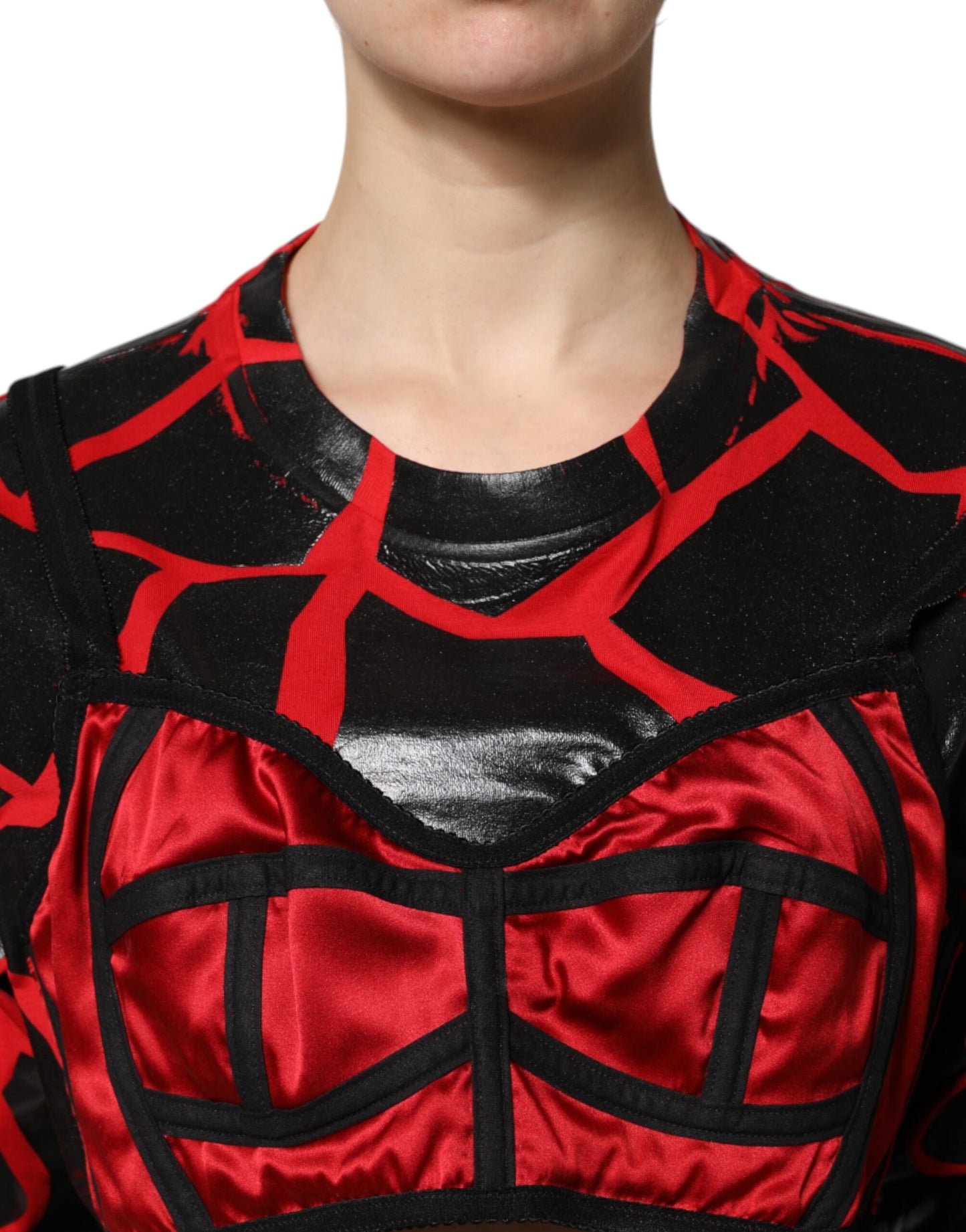 Dolce & Gabbana Red Black Cotton Bustier Detailing Cropped Top Dolce & Gabbana