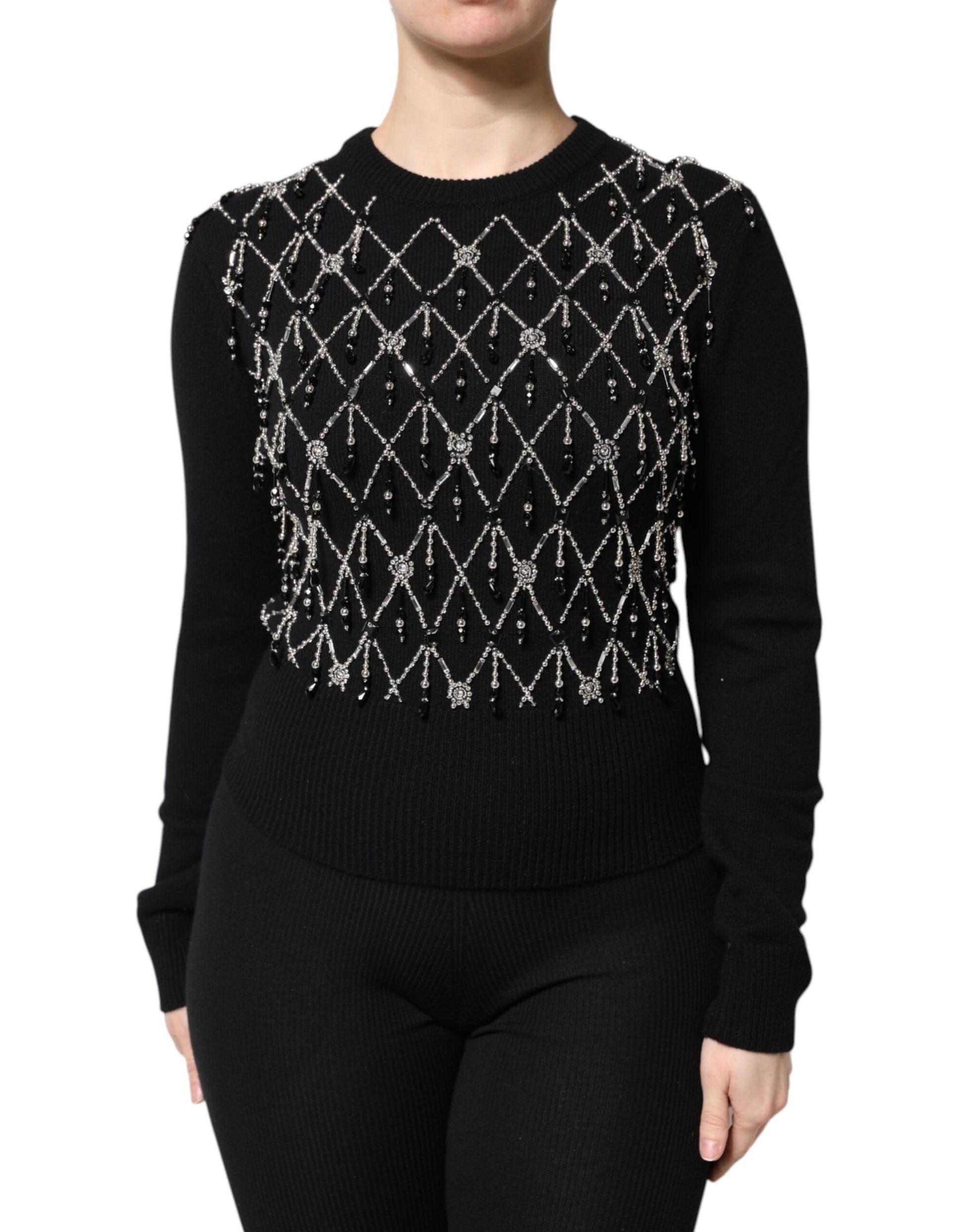 Dolce & Gabbana Black Cashmere Embellished Long Sleeves Top Dolce & Gabbana