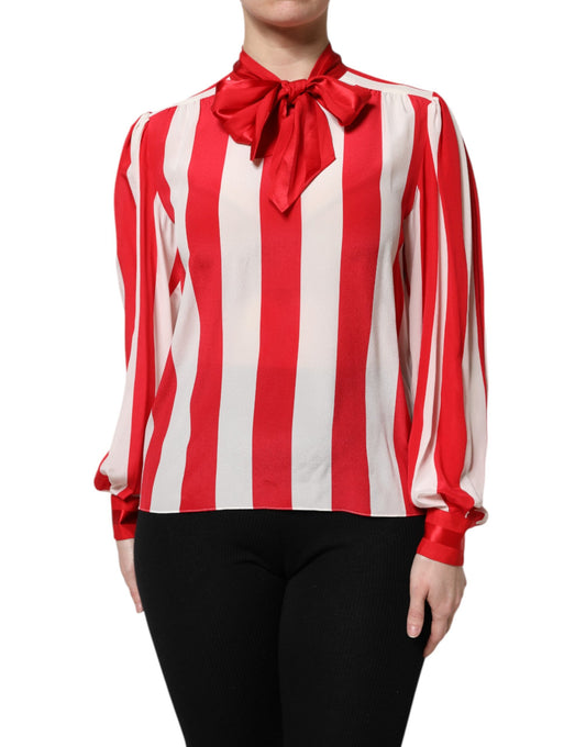 Dolce & Gabbana Red White Stripes Ascot Collar Blouse Top Dolce & Gabbana