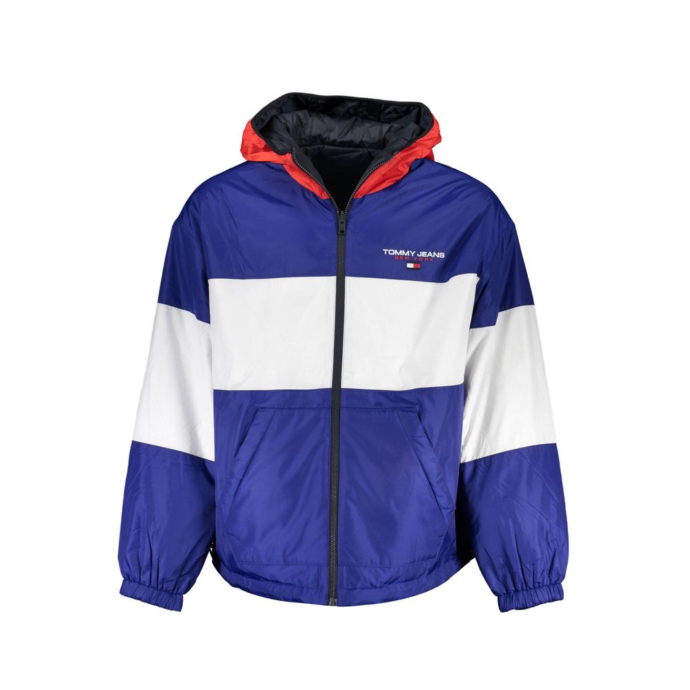 Tommy Hilfiger men's blue polyester jacket displayed on a hanger, featuring a front zipper and classic style.