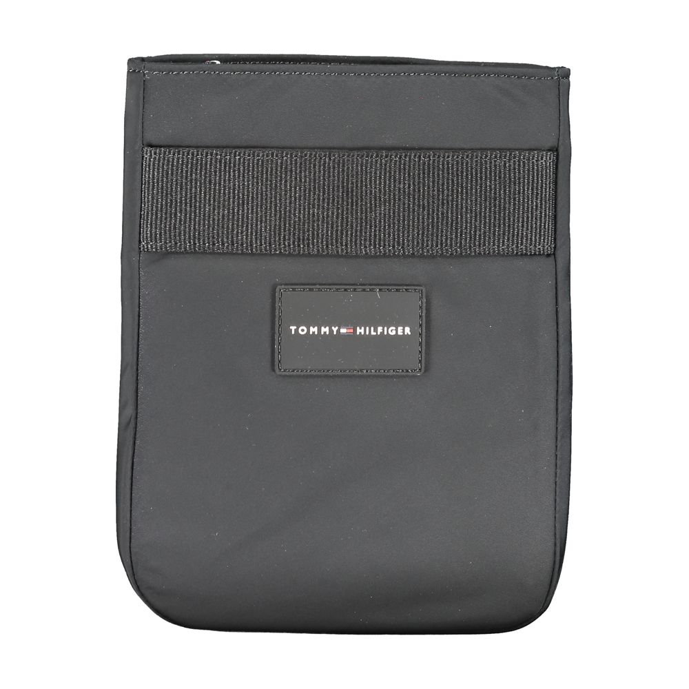 Tommy Hilfiger black polyester men's shoulder bag with adjustable strap and sleek design, suitable for casual or professional use.