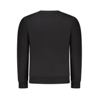 Black cotton men's crewneck sweater by Rifle, showing a close-up of the textured fabric and classic fit.