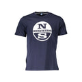 North Sails blue cotton men's T-shirt laid flat showing round neckline and short sleeves.