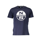 North Sails blue cotton men's T-shirt laid flat showing round neckline and short sleeves.