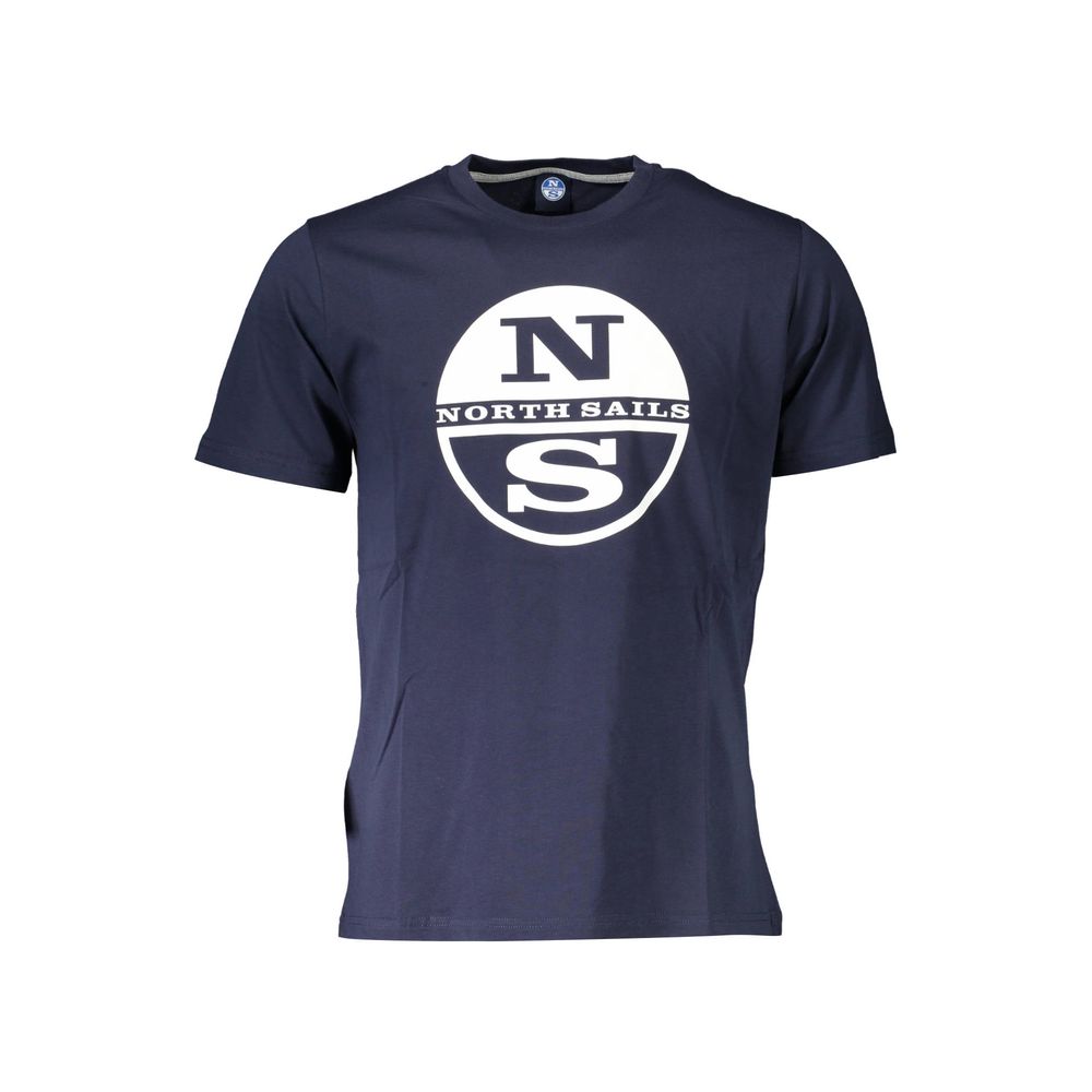 North Sails blue cotton men's T-shirt laid flat showing round neckline and short sleeves.