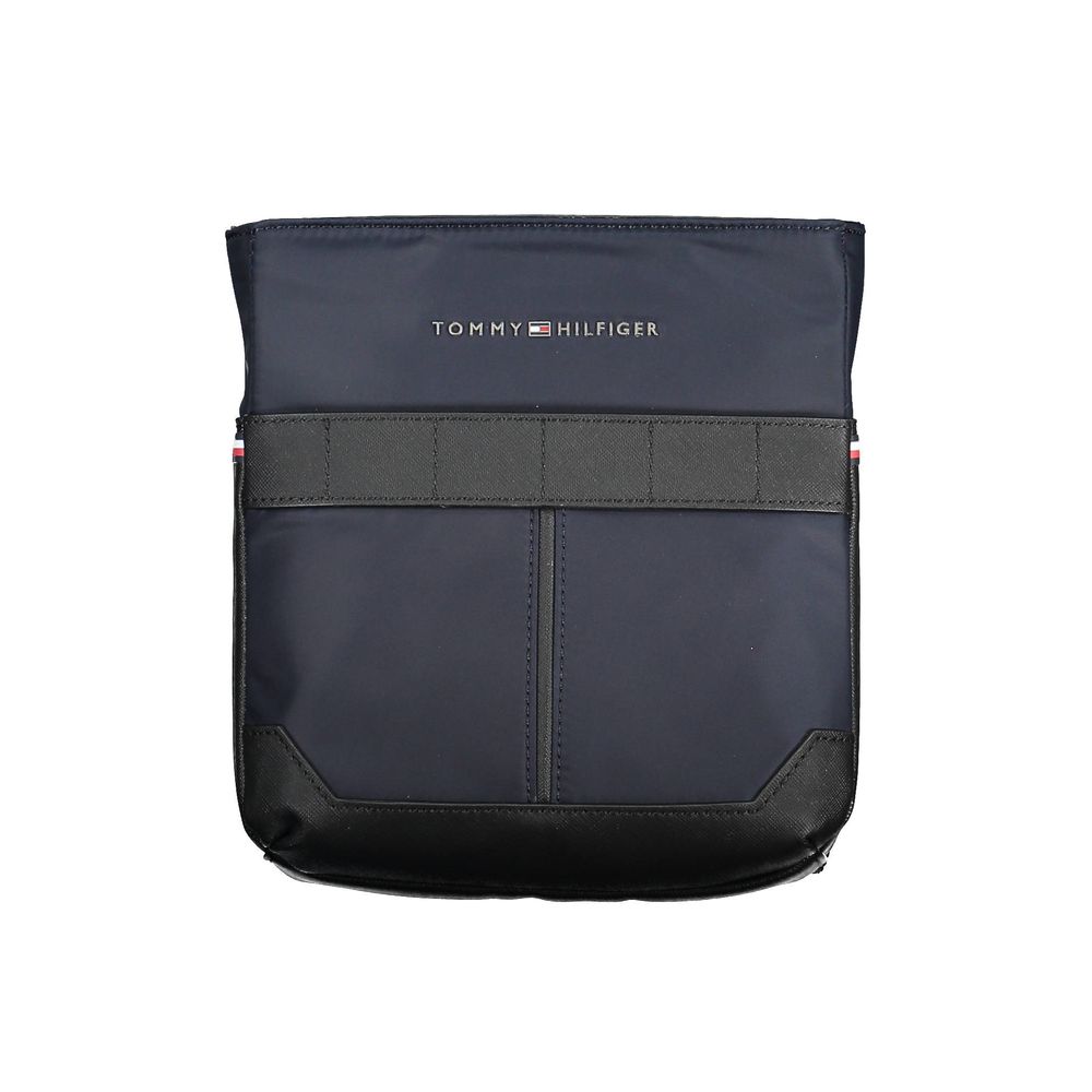 Tommy Hilfiger blue polyurethane men's shoulder bag with adjustable strap and front logo detail.