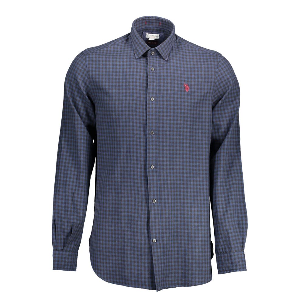 Blue cotton men's shirt by U.S. POLO ASSN. featuring a classic collar and button-down front, displayed on a hanger.