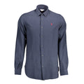 Blue cotton men's shirt by U.S. POLO ASSN. featuring a classic collar and button-down front, displayed on a hanger.
