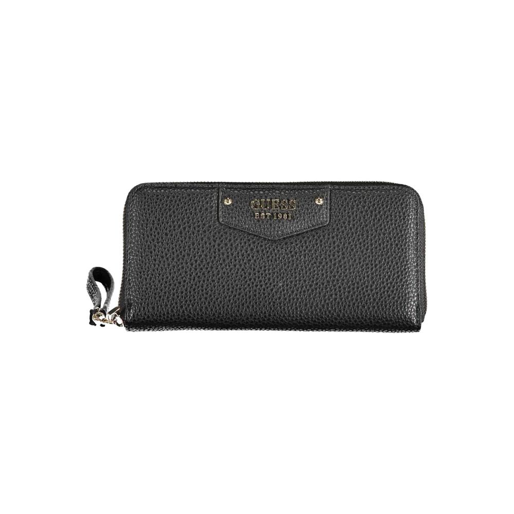 Black Guess Jeans women's wallet made of polyurethane with a sleek design and multiple card slots, shown in the image.