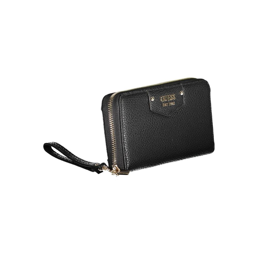 Black Guess Jeans women's wallet made of polyurethane, featuring multiple card slots and a sleek design.