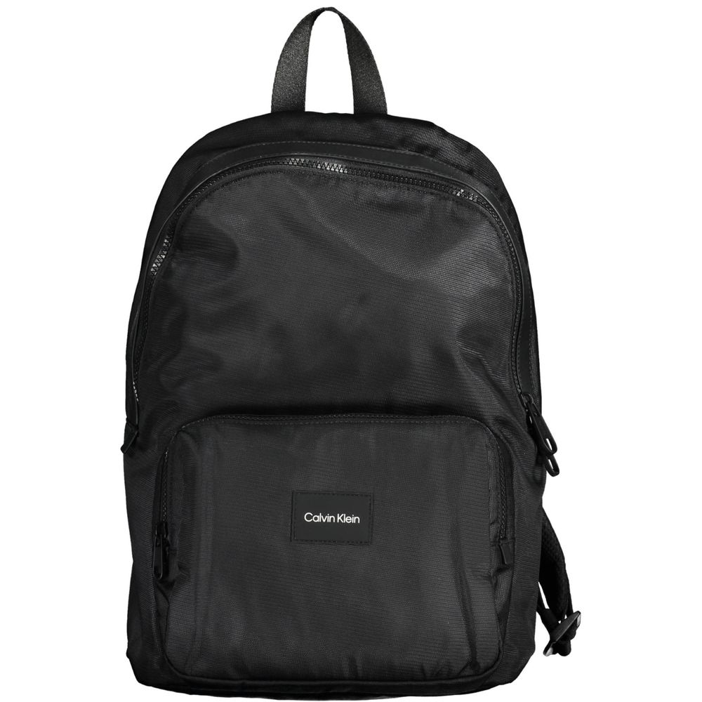 Black Calvin Klein polyester men's backpack with multiple compartments and adjustable straps, designed for everyday use.