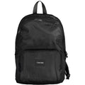 Black Calvin Klein polyester men's backpack with multiple compartments and adjustable straps, designed for everyday use.