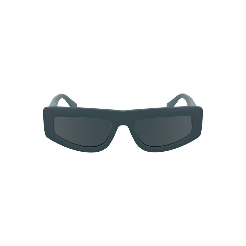 Calvin Klein Blue Bio women’s sunglasses with rounded frames and blue-tinted lenses on a white background.