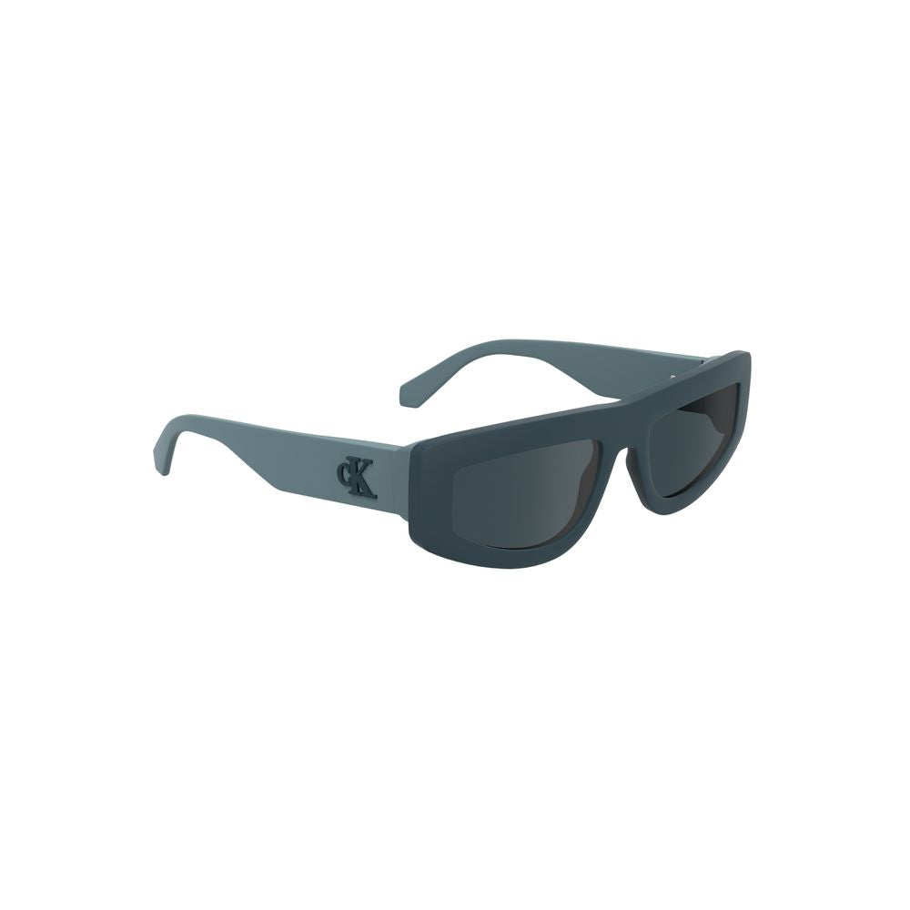 Calvin Klein Blue Bio women’s sunglasses with round blue-tinted lenses and sleek metal frame.