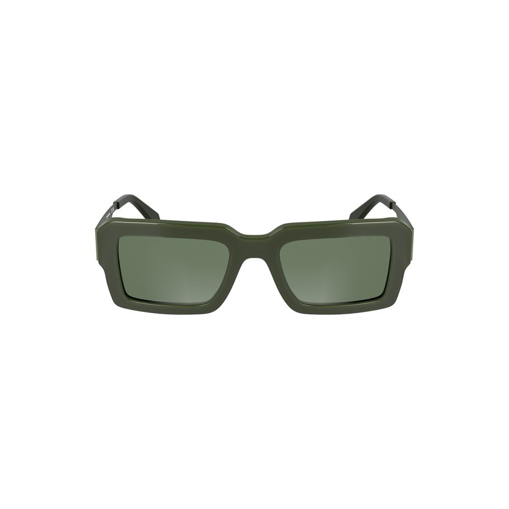Calvin Klein Verde acetate women’s sunglasses with rounded frames and dark tinted lenses.