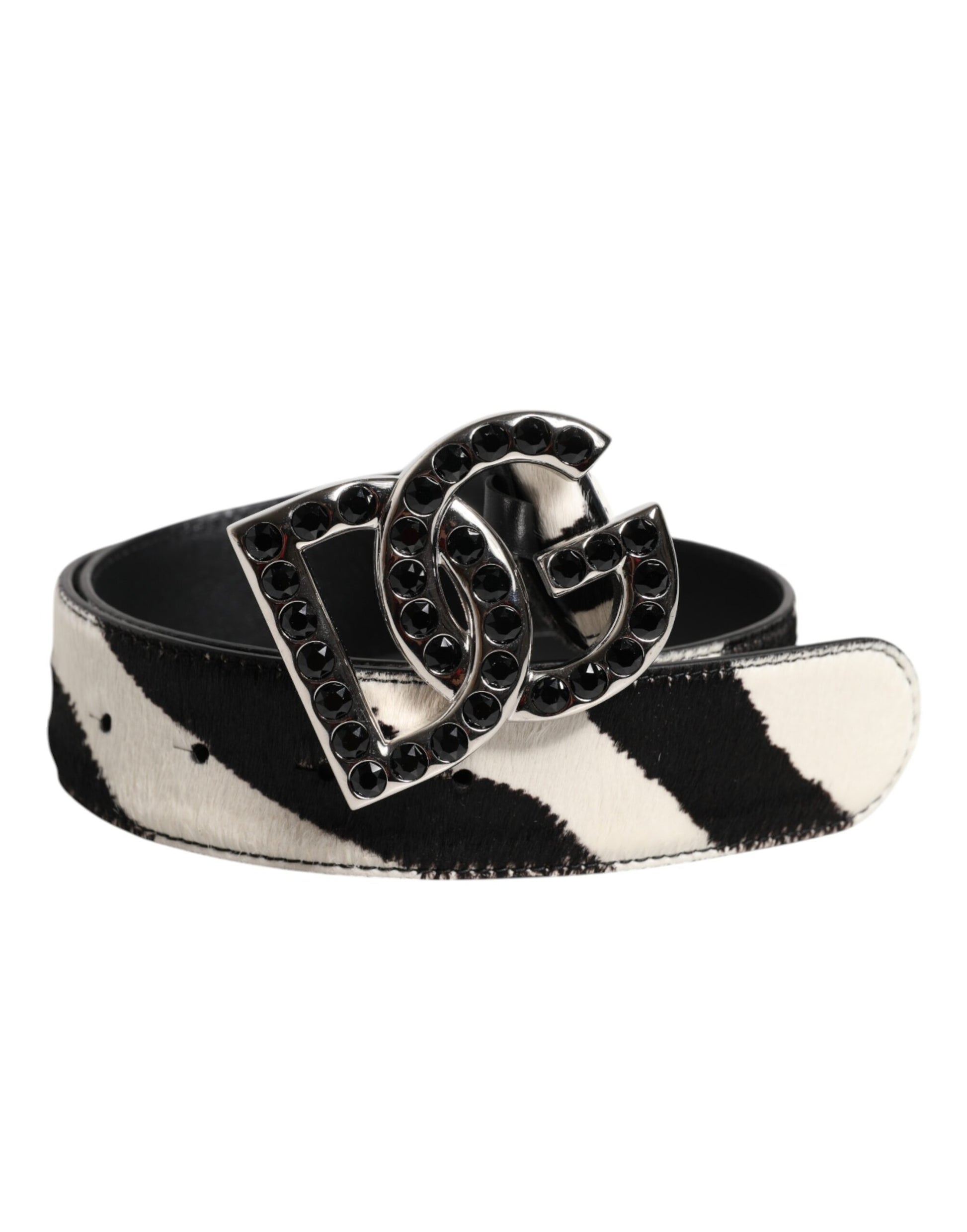 Dolce & Gabbana White Black Leather Zebra DG Crystal Buckle Belt Dolce & Gabbana