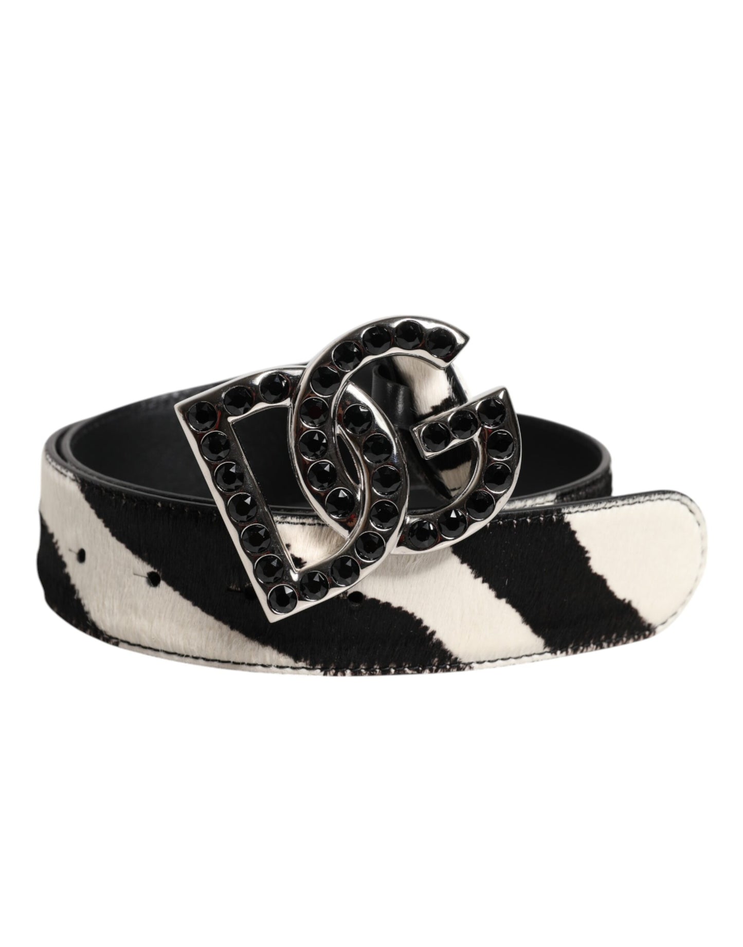 Dolce & Gabbana White Black Leather Zebra DG Crystal Buckle Belt Dolce & Gabbana