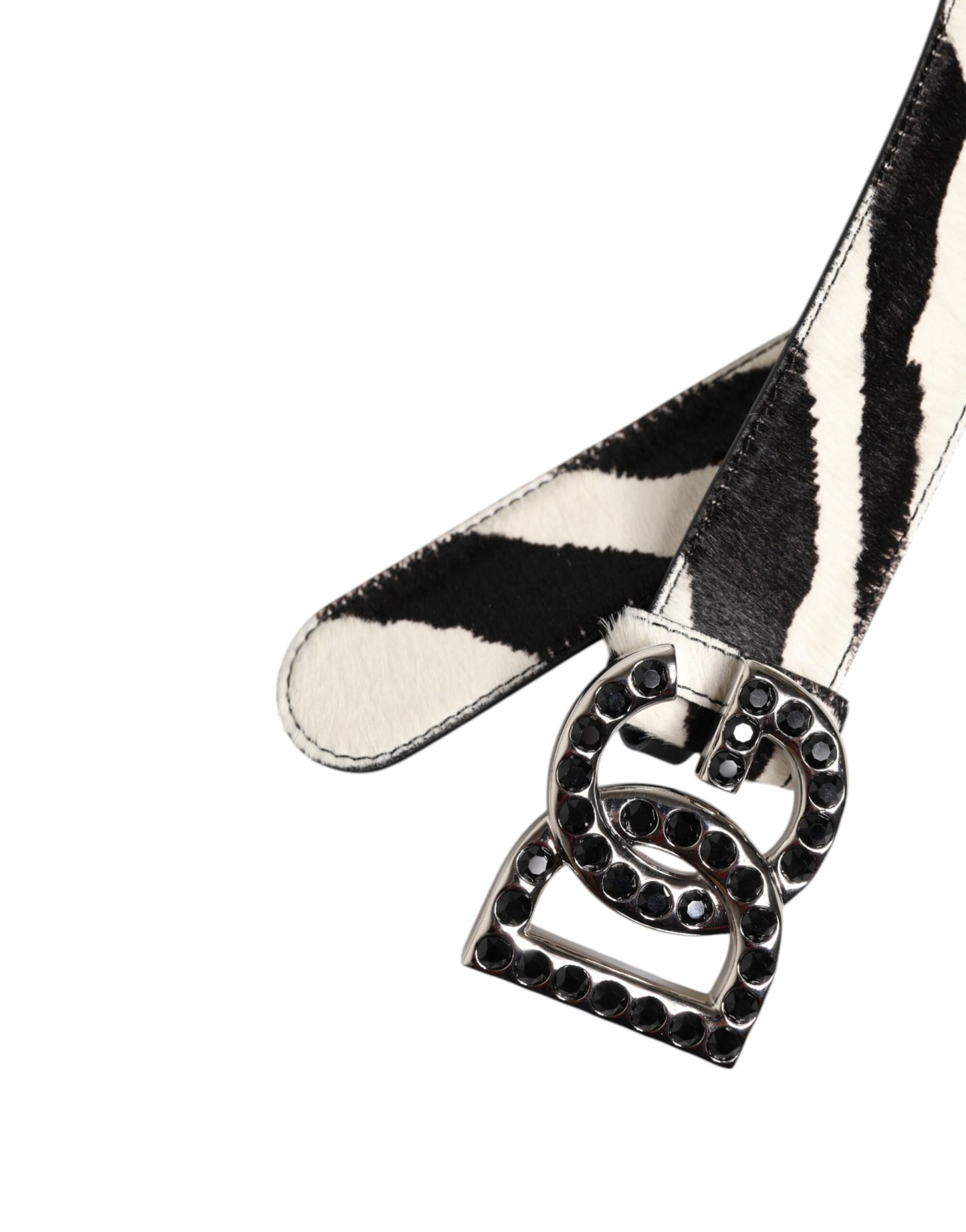 Dolce & Gabbana White Black Leather Zebra DG Crystal Buckle Belt Dolce & Gabbana