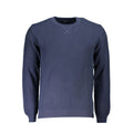 North Sails blue organic cotton men's sweater displayed on a hanger, featuring a classic crewneck and textured knit fabric.