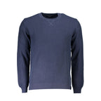 North Sails blue organic cotton men's sweater displayed on a hanger, featuring a classic crewneck and textured knit fabric.