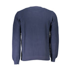 North Sails blue organic cotton men's sweater, stylish knit with crew neck and long sleeves, casual and comfortable clothing.