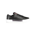 Black leather women's sneaker by Tommy Hilfiger with white sole and classic branding, stylish and comfortable footwear.