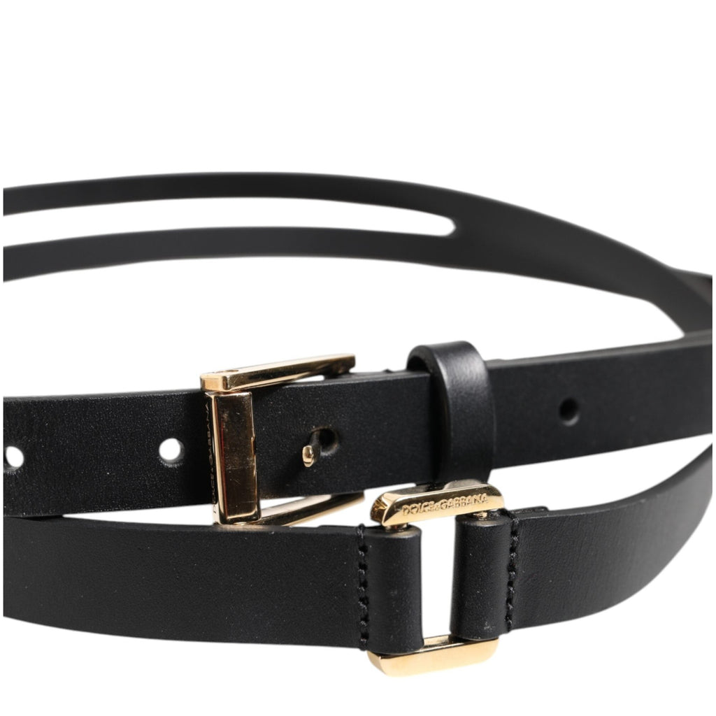 Dolce & Gabbana Black Double Strap Leather Gold Buckle Belt
