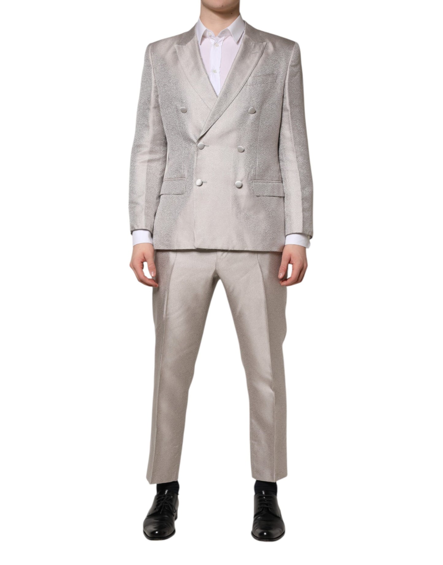 Dolce & Gabbana Light Gray Jacquard Silk Dotted 2 Piece Suit Dolce & Gabbana