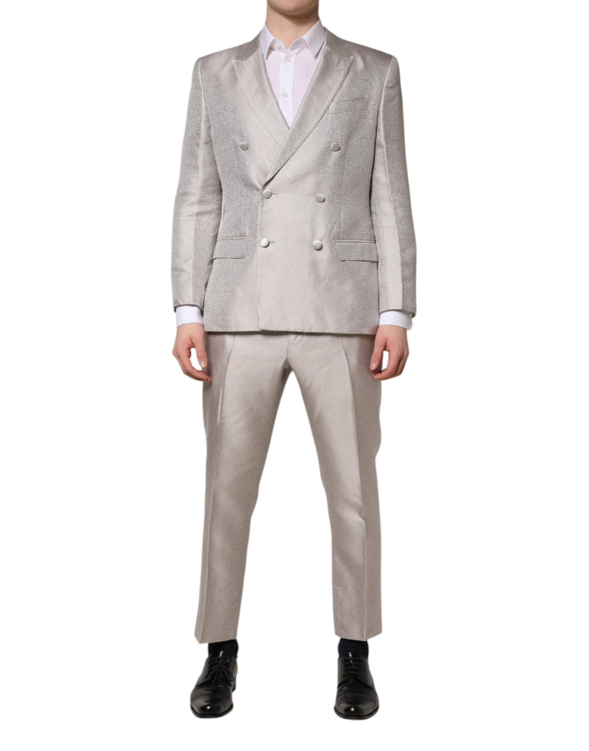 Dolce & Gabbana Light Gray Jacquard Silk Dotted 2 Piece Suit Dolce & Gabbana