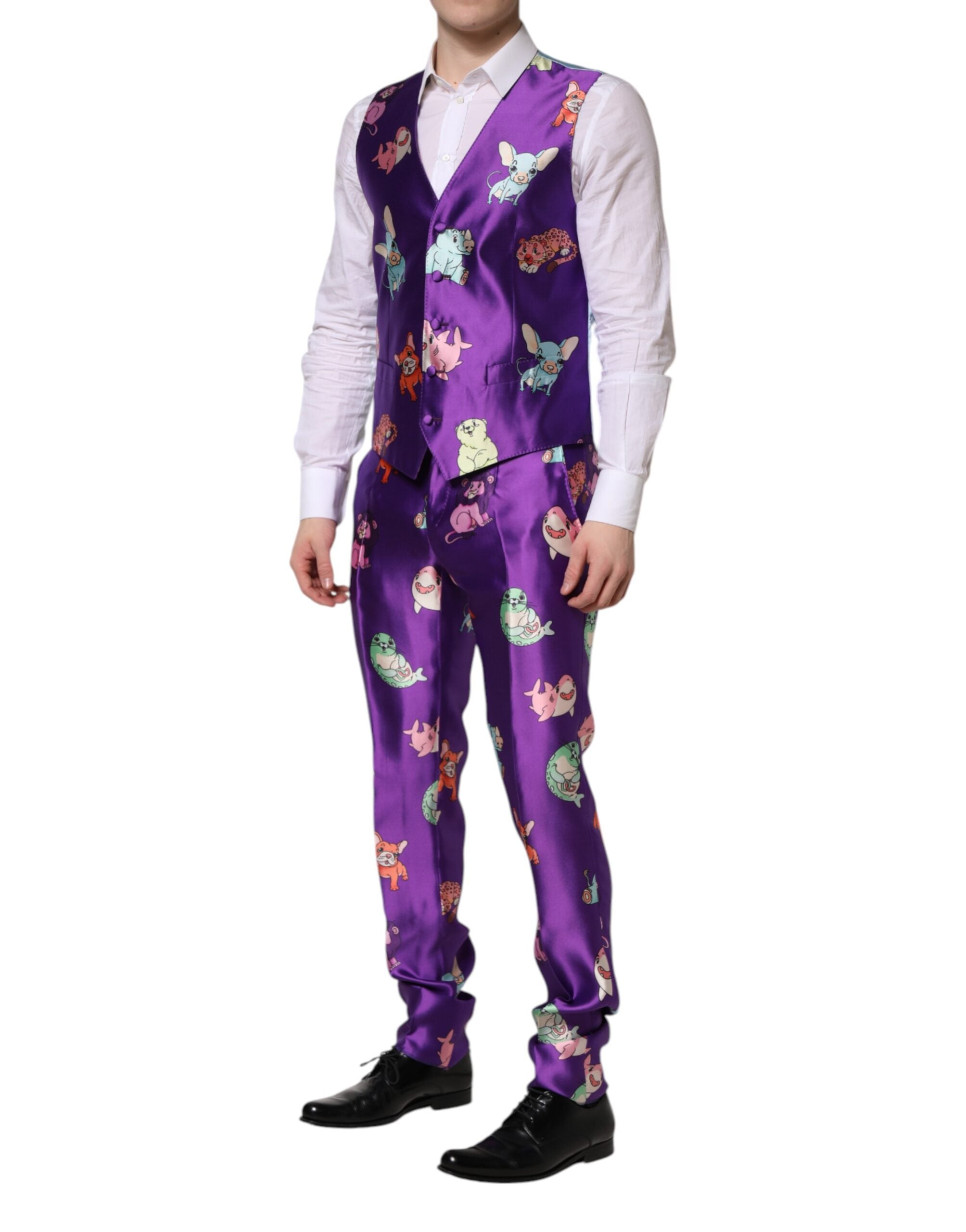 Dolce & Gabbana Purple Silk Animal Print 3 Piece Suit
