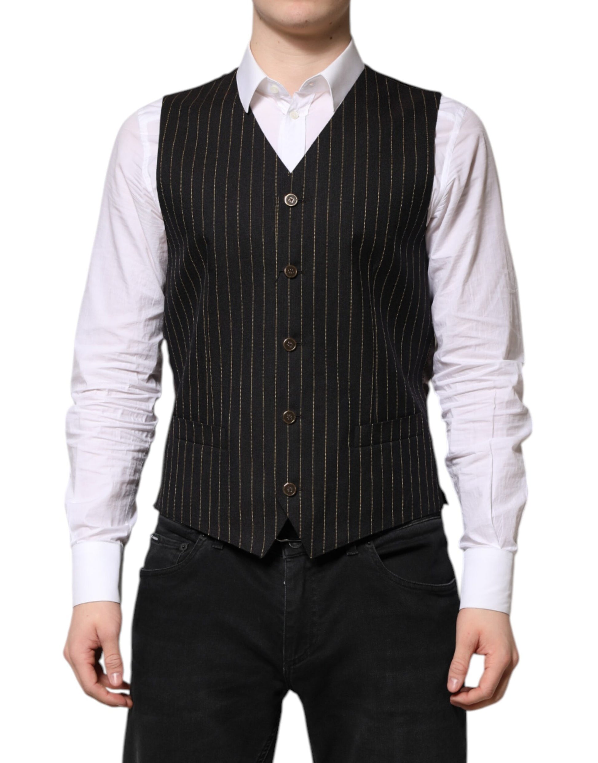 Dolce & Gabbana Black Stripes Wool Formal Men Waistcoat Vest Dolce & Gabbana