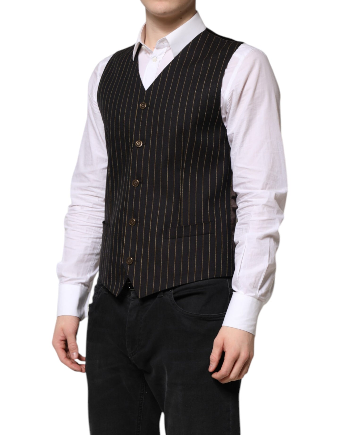 Dolce & Gabbana Black Stripes Wool Formal Men Waistcoat Vest Dolce & Gabbana