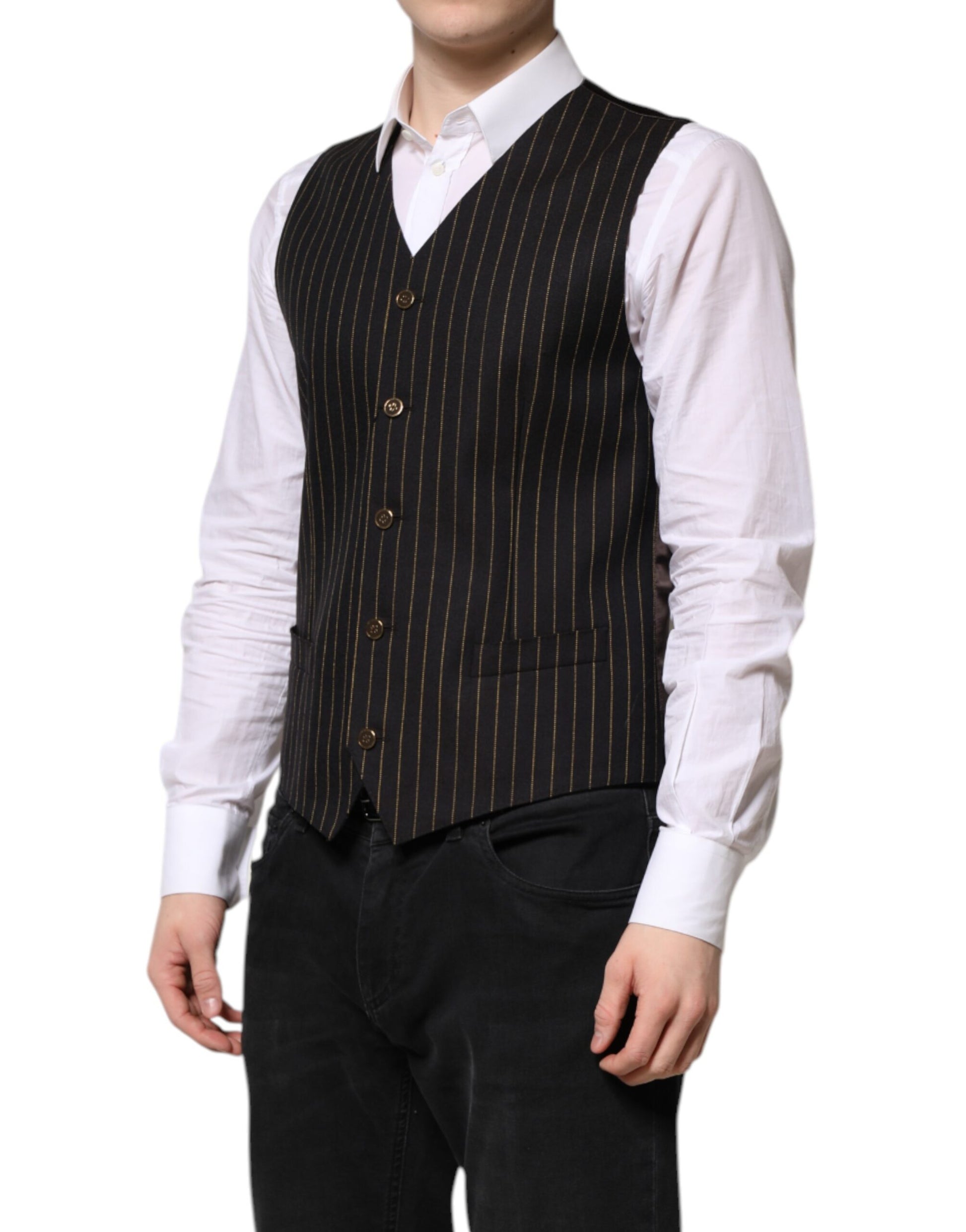 Dolce & Gabbana Black Stripes Wool Formal Men Waistcoat Vest Dolce & Gabbana