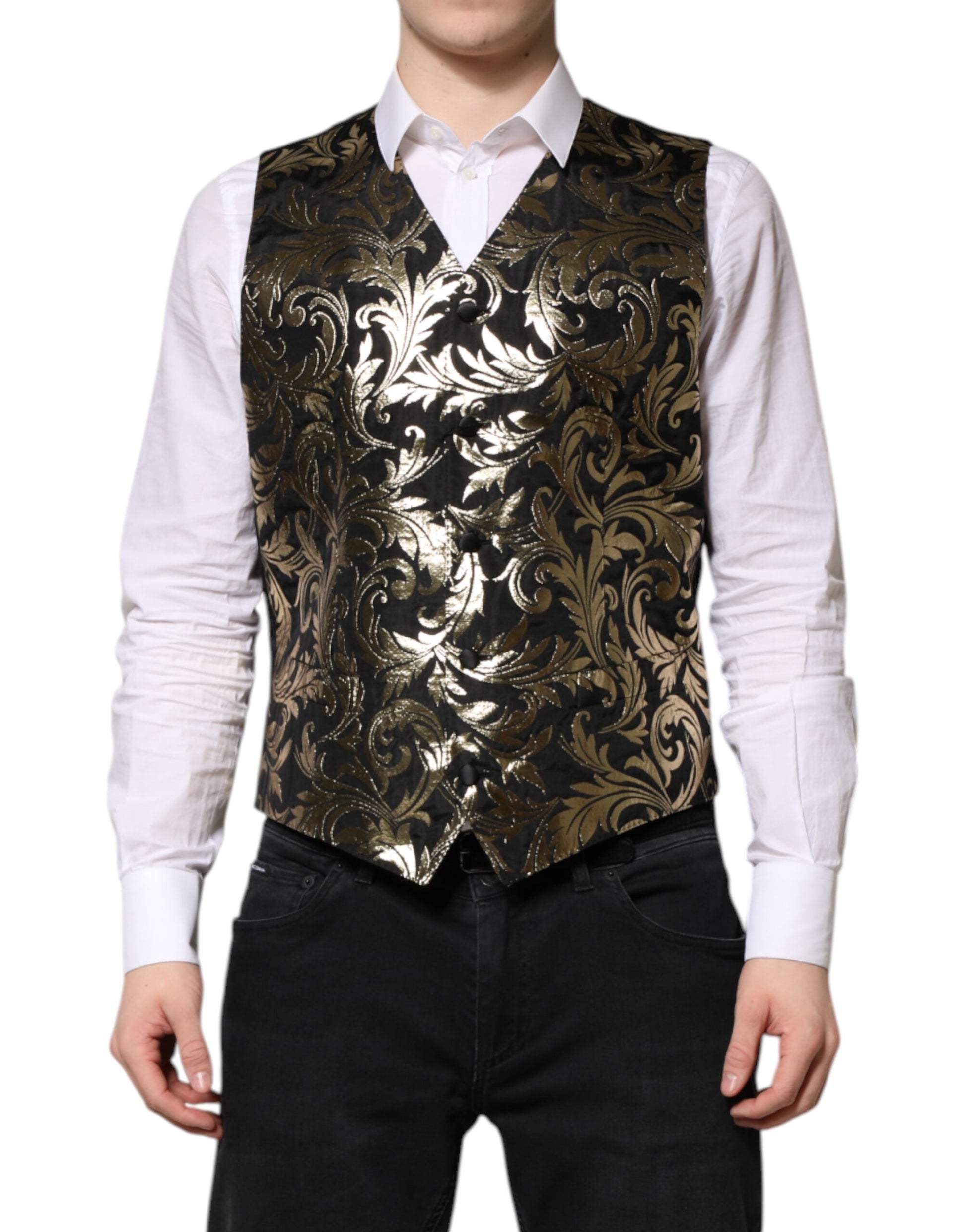 Dolce & Gabbana Black Gold Jacquard Formal Men Waistcoat Vest Dolce & Gabbana