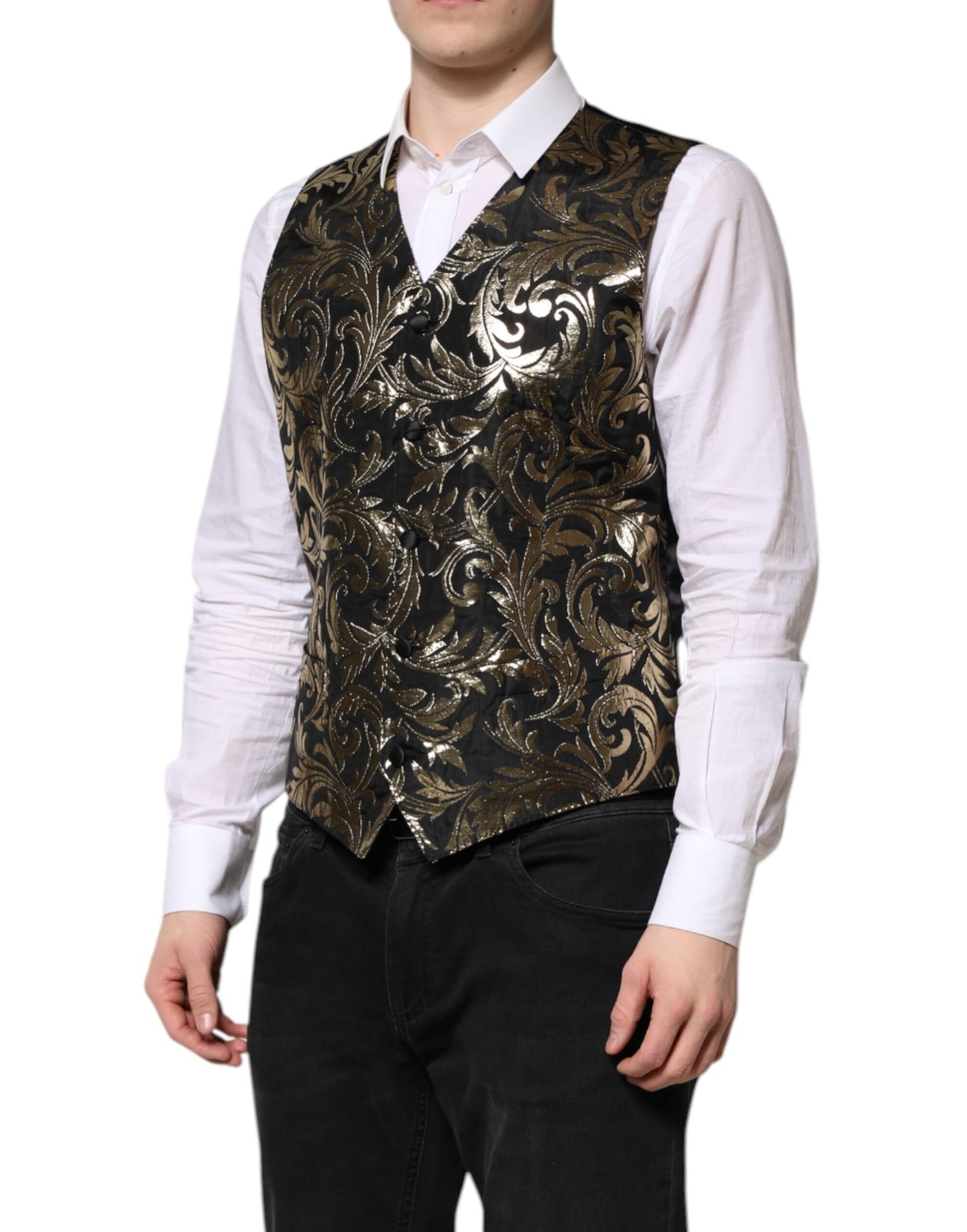 Dolce & Gabbana Black Gold Jacquard Formal Men Waistcoat Vest Dolce & Gabbana