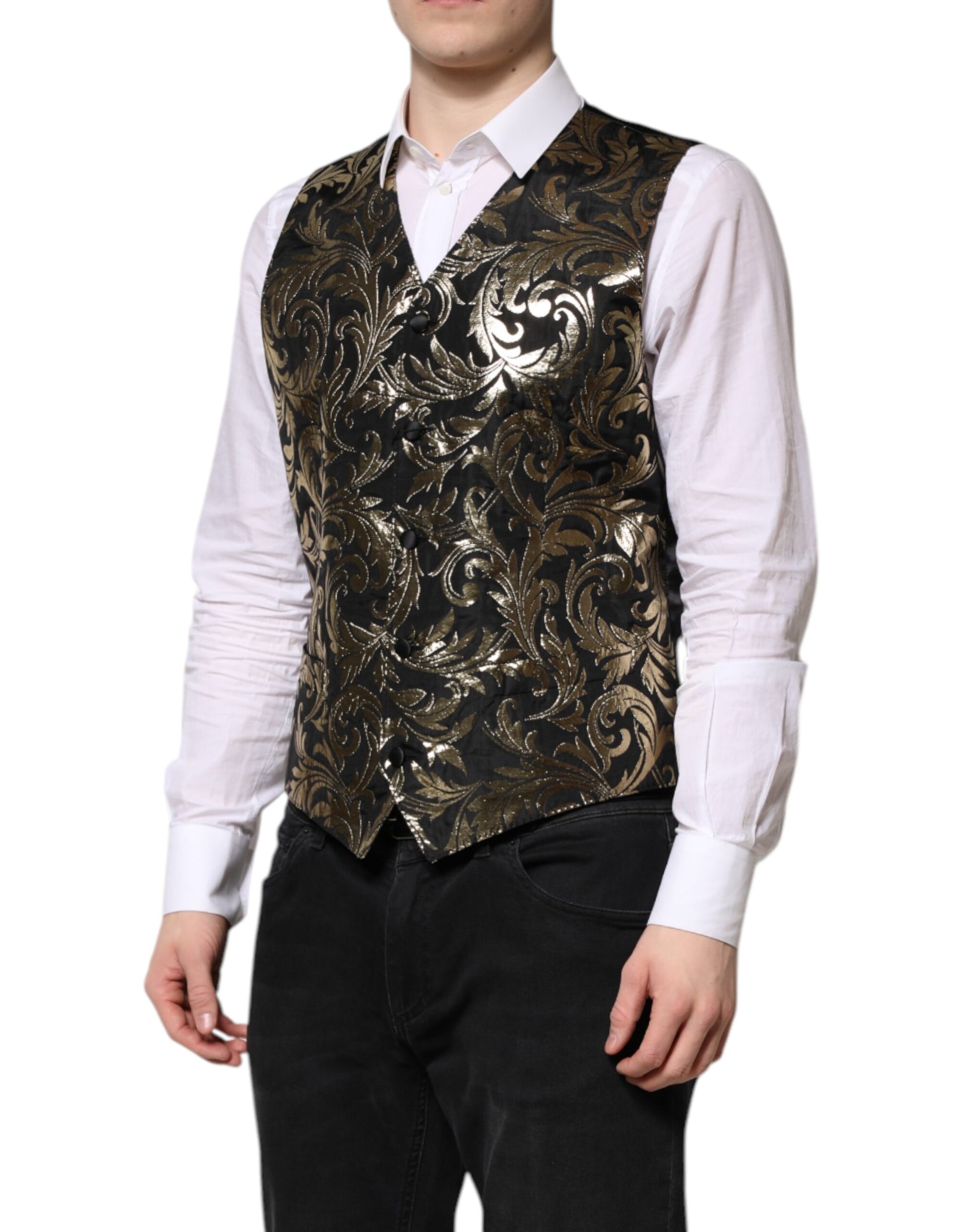 Dolce & Gabbana Black Gold Jacquard Formal Men Waistcoat Vest Dolce & Gabbana