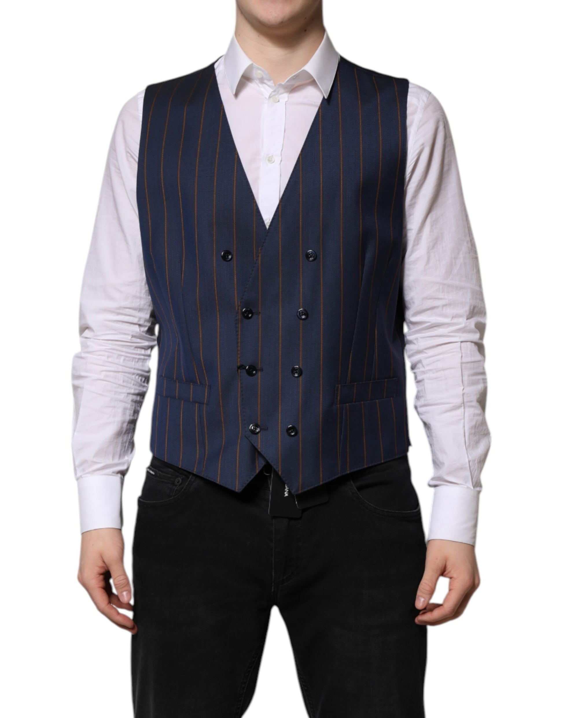 Dolce & Gabbana Blue Stripes Wool Formal Men Waistcoat Vest Dolce & Gabbana