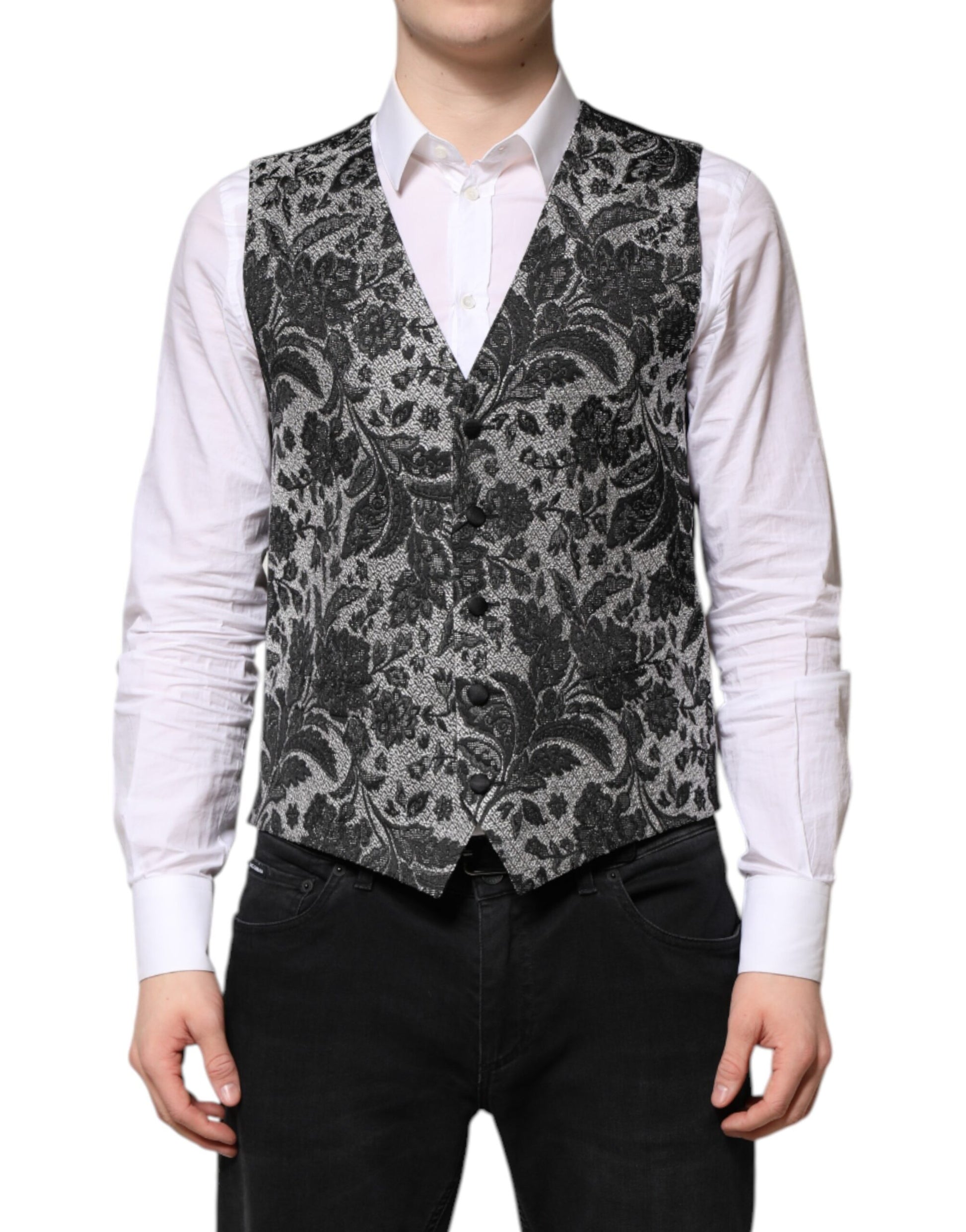 Dolce & Gabbana Black Gray Brocade Formal Men Waistcoat Vest Dolce & Gabbana