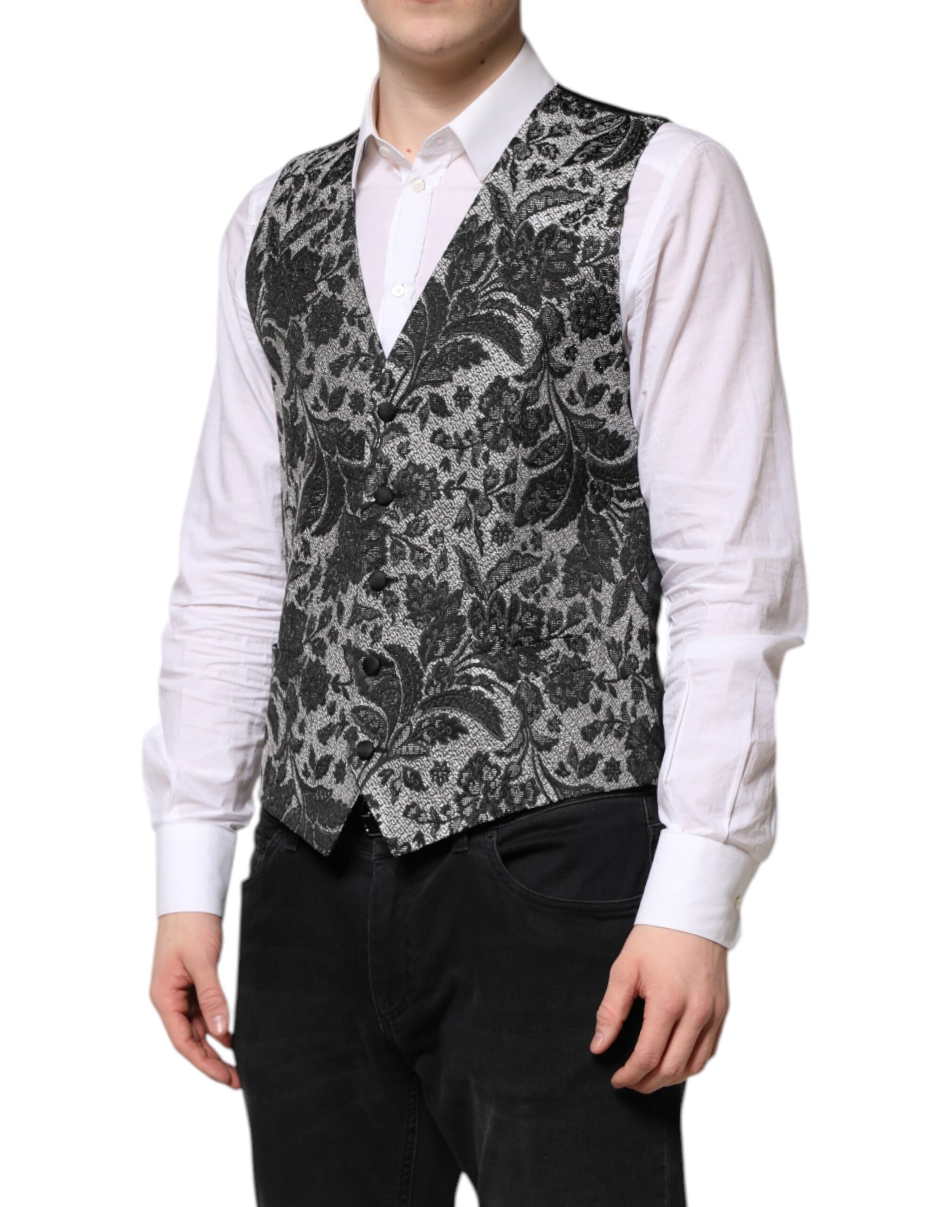 Dolce & Gabbana Black Gray Brocade Formal Men Waistcoat Vest Dolce & Gabbana
