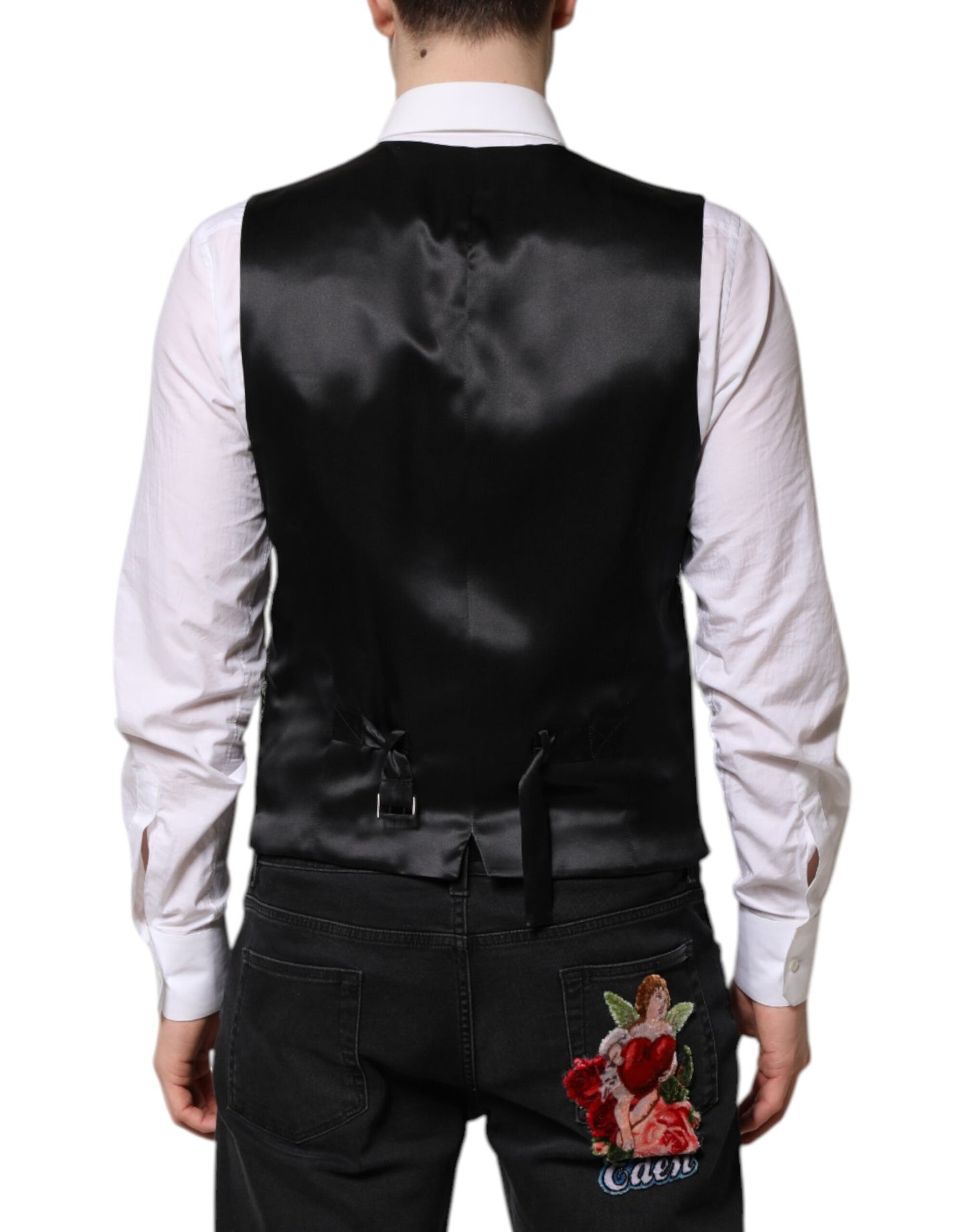 Dolce & Gabbana Black Gray Brocade Formal Men Waistcoat Vest Dolce & Gabbana