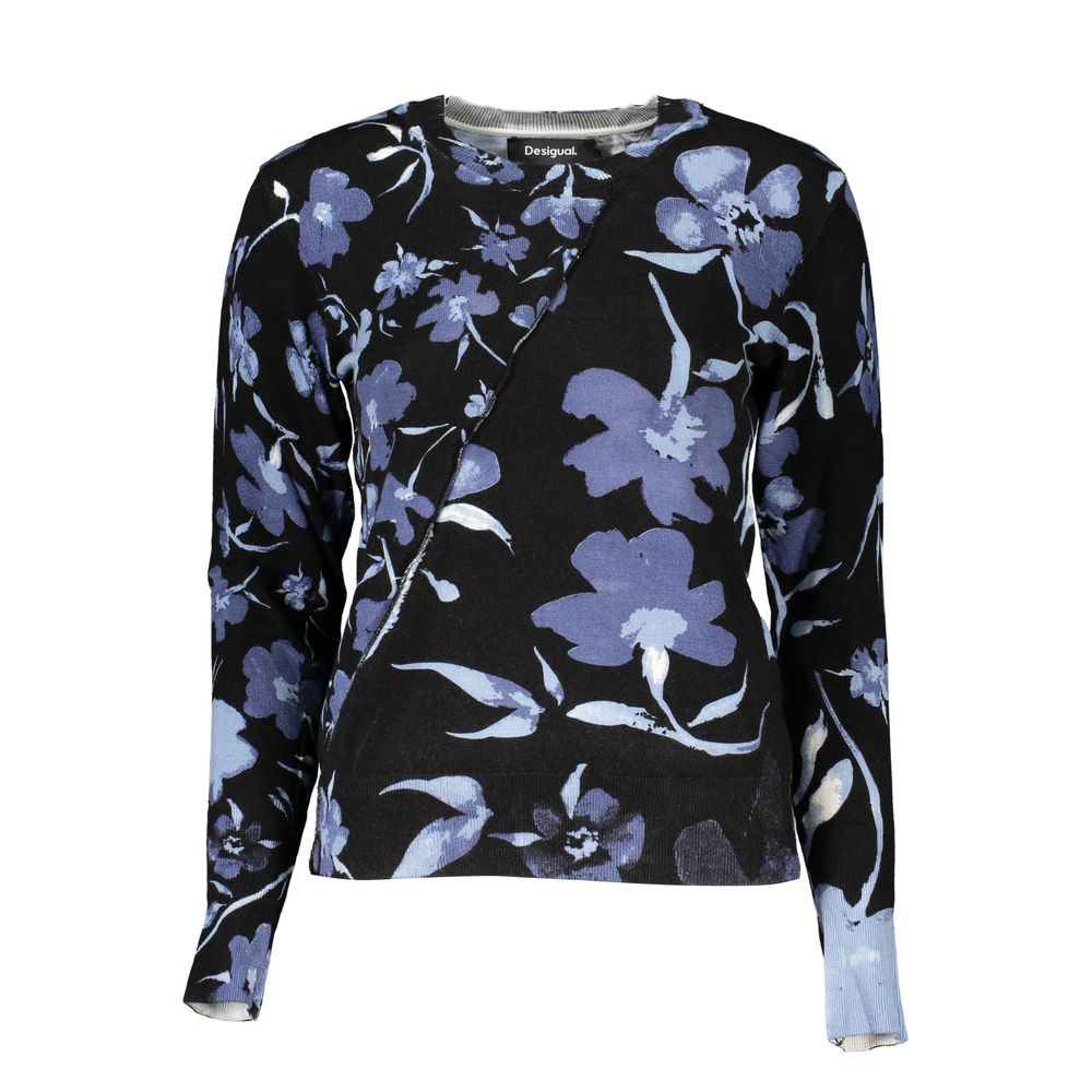 Black viscose woman sweater by Desigual, featuring a relaxed fit and stylish design, shown on a model.