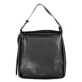 Black Calvin Klein polyester women's bag with sleek design and adjustable strap, suitable for casual or formal occasions.