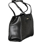 Mario Valentino Nero polyurethane women's bag with sleek design and subtle logo, featuring top handles and spacious interior.