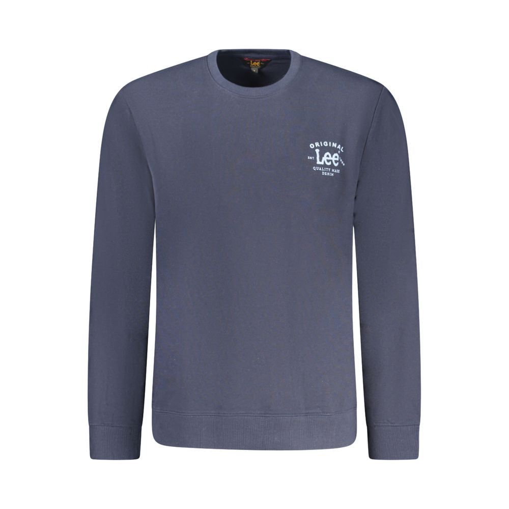 Blue cotton men's sweater by Lee, featuring a classic crew neck and ribbed cuffs, displayed on a neutral background.