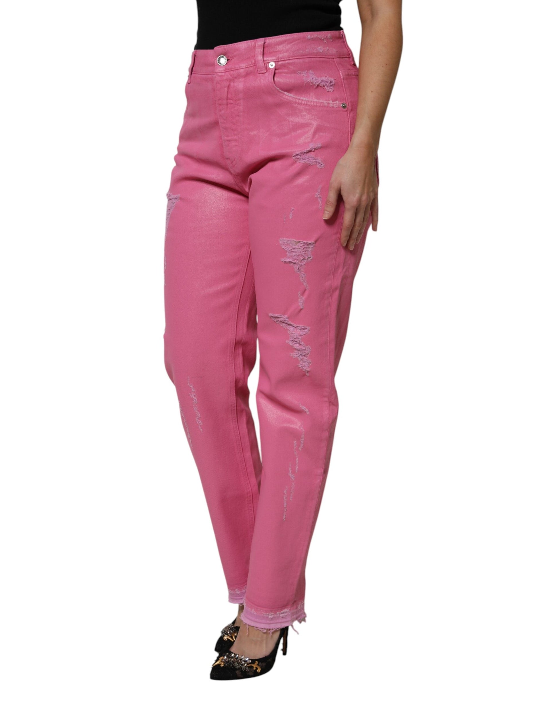 Dolce & Gabbana Pink Tattered Mid Waist Tapered Denim Jeans Dolce & Gabbana