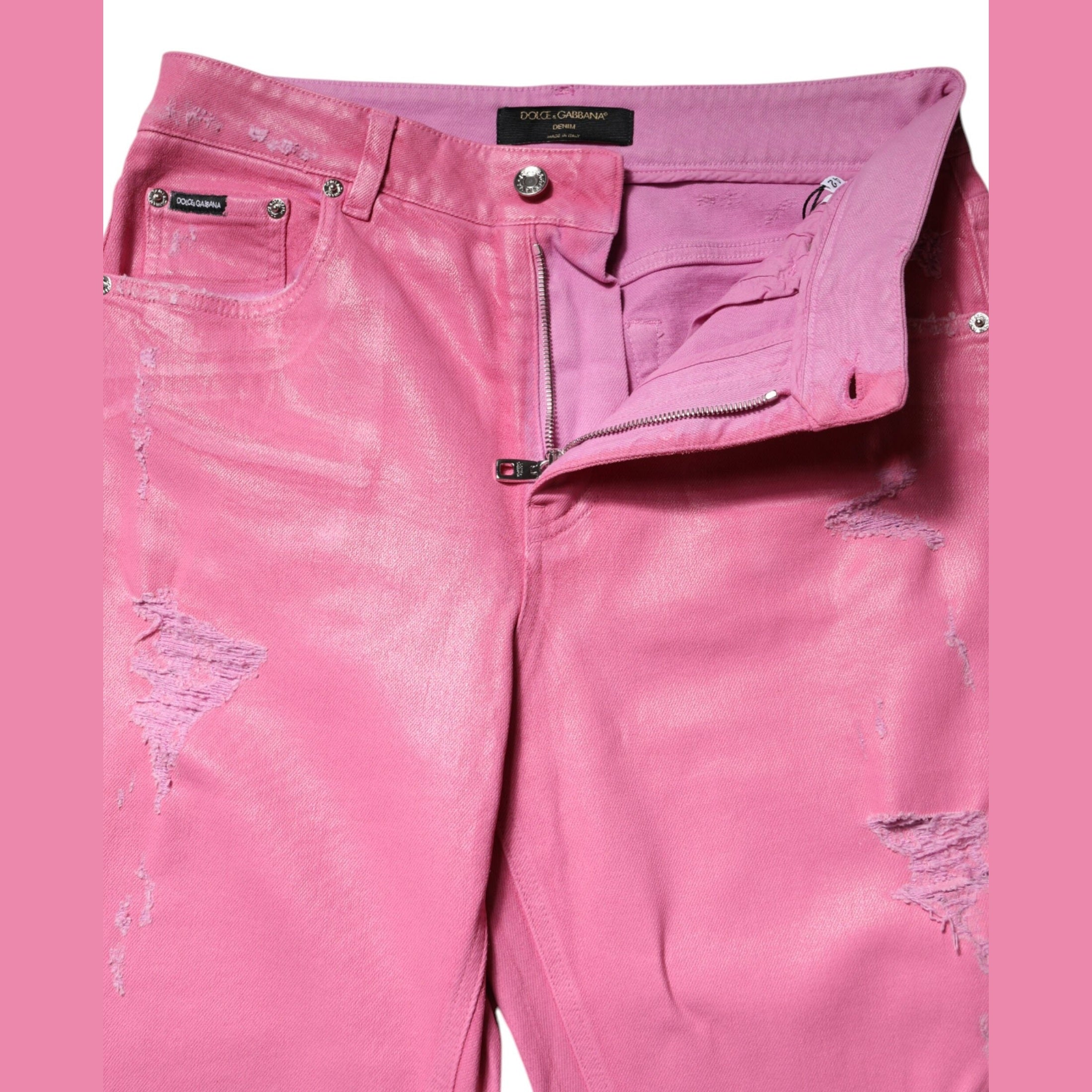 Dolce & Gabbana Pink Tattered Mid Waist Tapered Denim Jeans